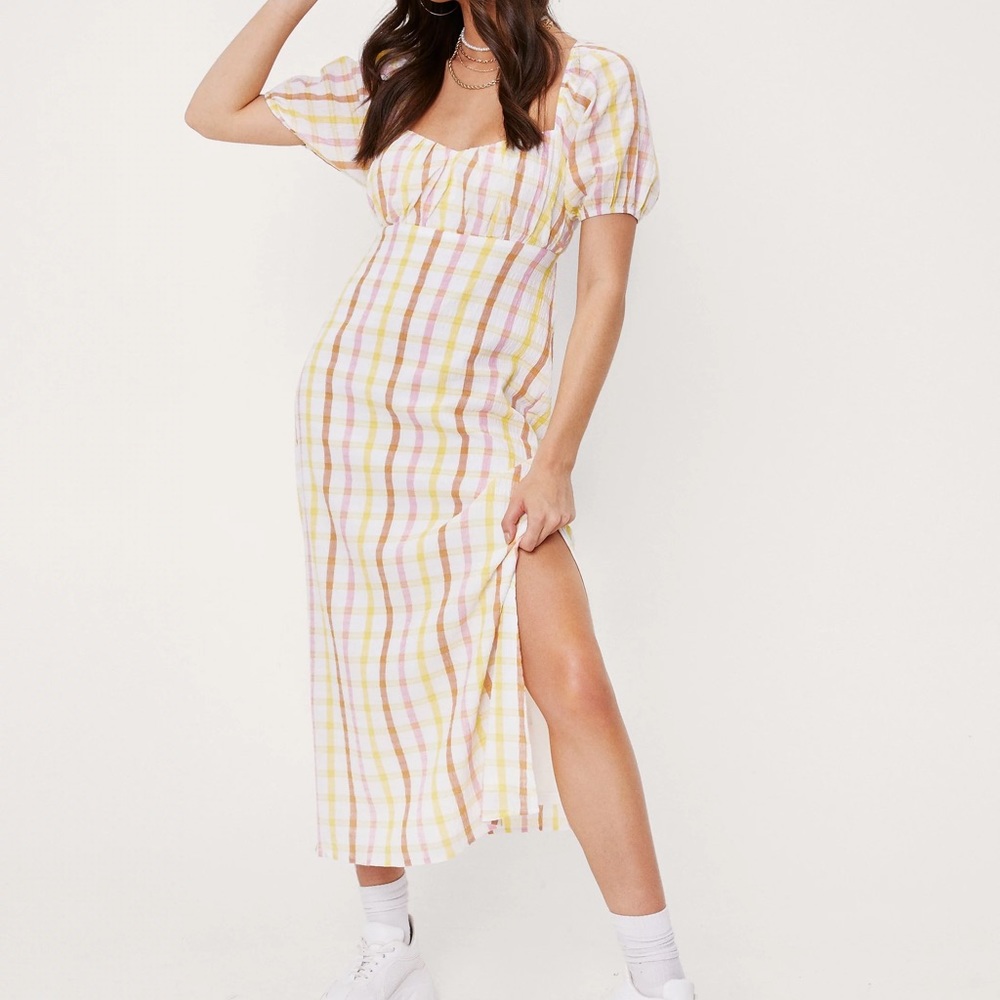 Textured Puff Sleeve Check Maxi Dress